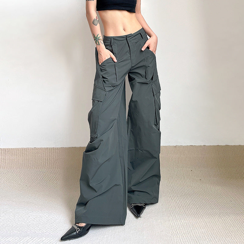 Crumpled Design Irregular Pockets Loose Mid Waist Wide Leg Casual Trousers