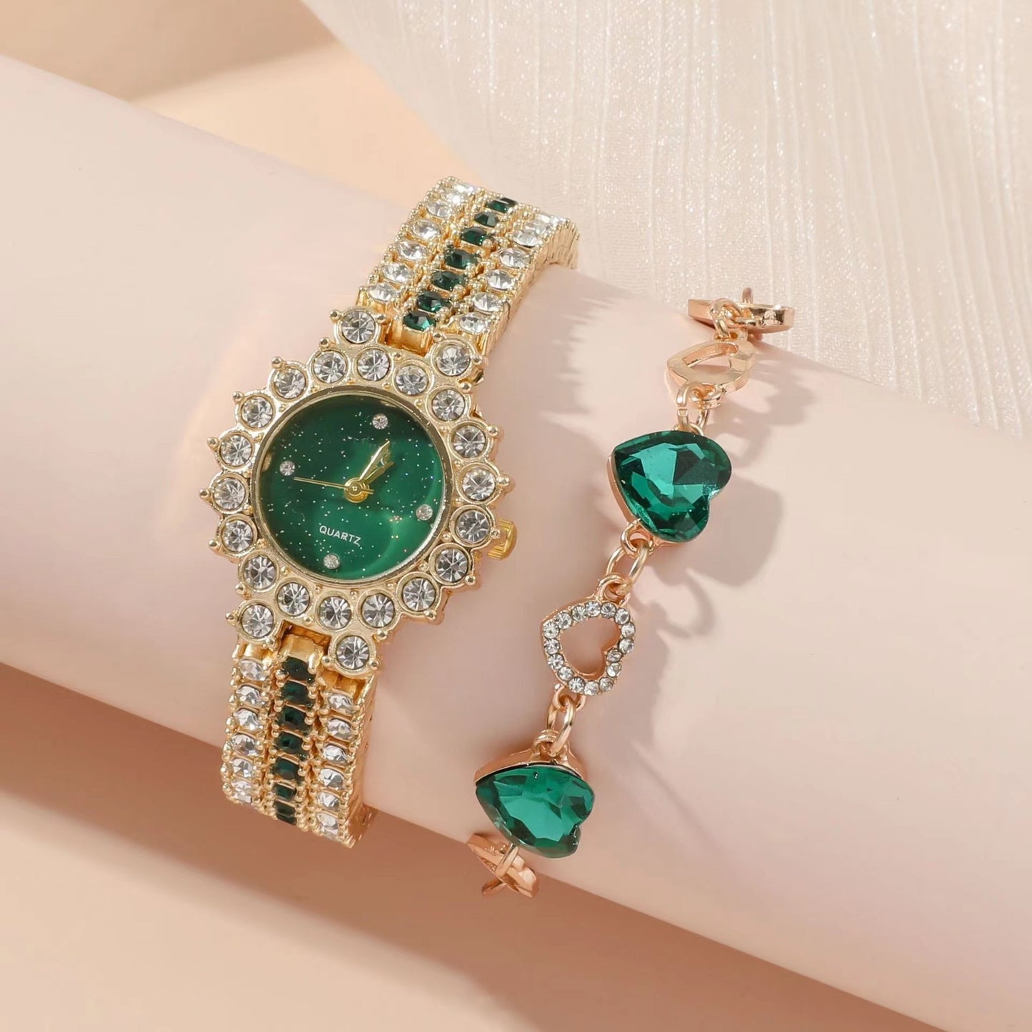 Green Women's Steel Belt Quartz Watch Ring Gift Set Boxed Five-piece Set