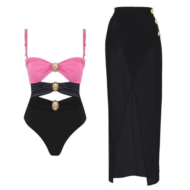 One-piece Swimsuit Round Buckle Hollow Out Stitching Swimsuit