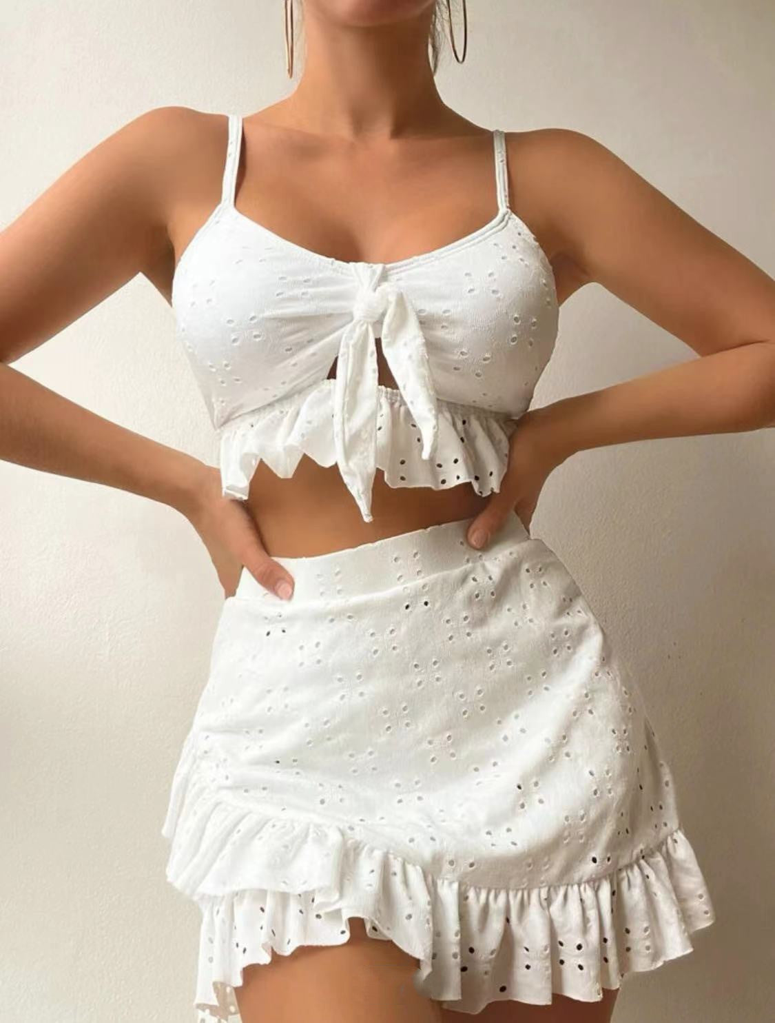3pcs Beach Bikini With Hip-hugging Skirt Ruffle Design Swimsuit Set Summer Womens Clothing