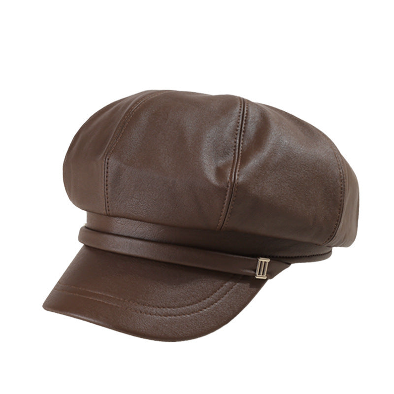 Leather Octagonal Cap High-grade Light Luxury Beret Retro British Painter Hat