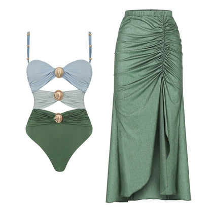One-piece Swimsuit Round Buckle Hollow Out Stitching Swimsuit