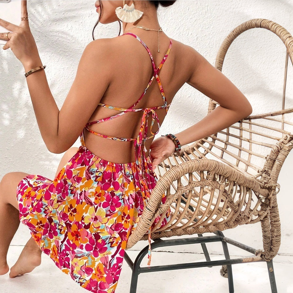 Women's Floral Print Dress Summer Lace-up Back Seaside Short Dress