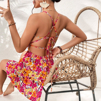 Women's Floral Print Dress Summer Lace-up Back Seaside Short Dress