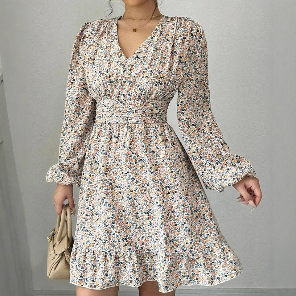 Printed V-neck Long-sleeve Dress