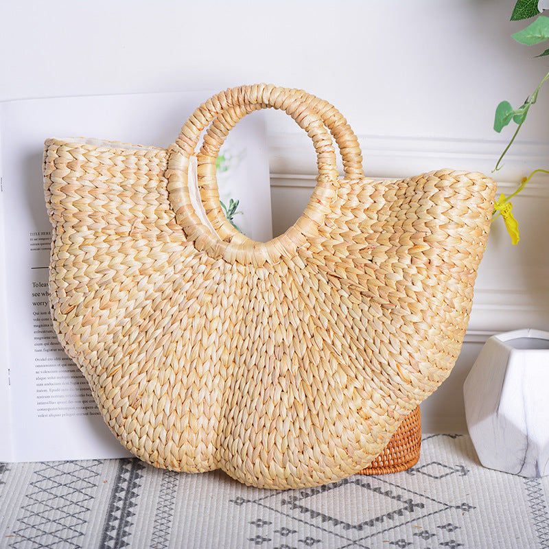 Handmade High-Value Artifact Straw Woven Wave Moon Bag