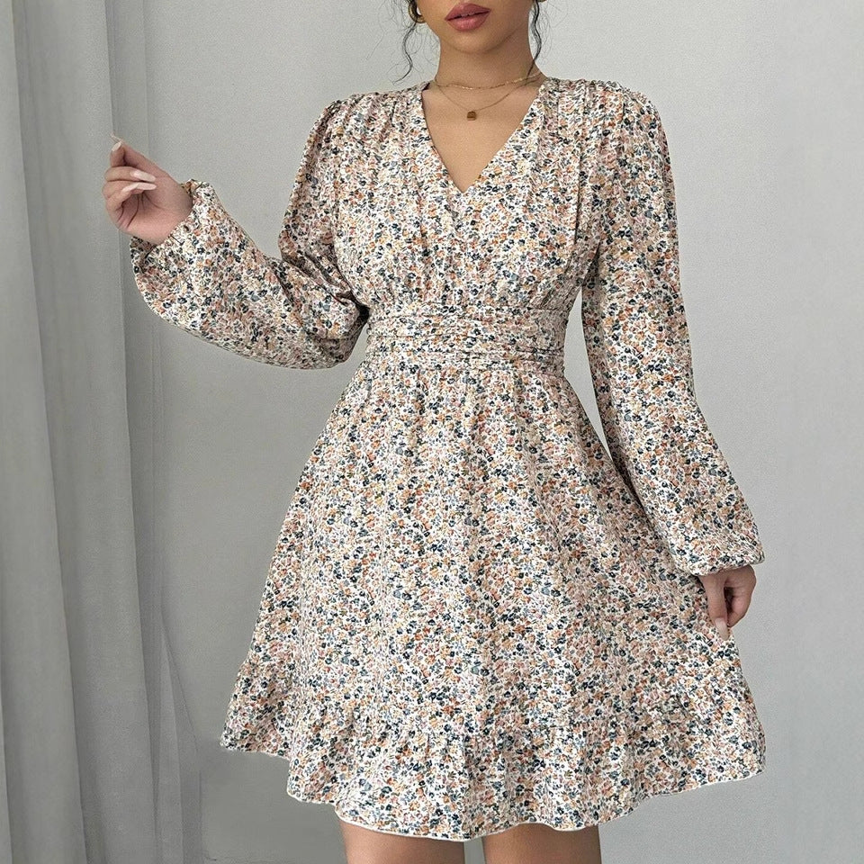 Printed V-neck Long-sleeve Dress