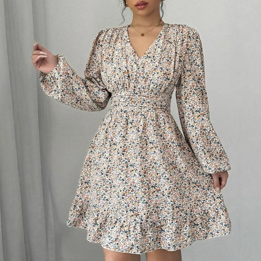 Printed V-neck Long-sleeve Dress