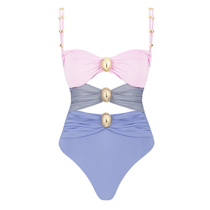 One-piece Swimsuit Round Buckle Hollow Out Stitching Swimsuit
