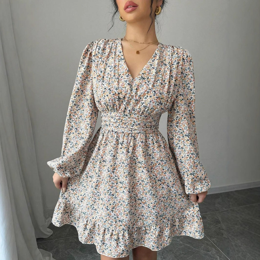 Printed V-neck Long-sleeve Dress