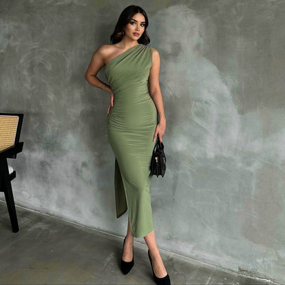 One-shoulder Sleeveless Pleated Slit Dress