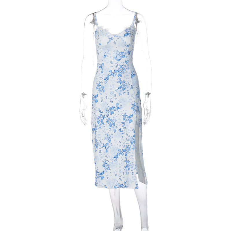 Lace Flowers Print Long Dress Slit Suspender Summer Womens Clothing
