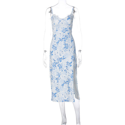 Lace Flowers Print Long Dress Slit Suspender Summer Womens Clothing