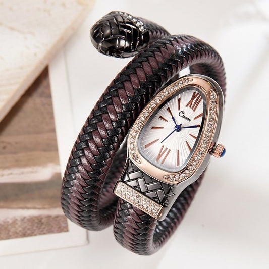 Snake design Quartz Watch Diamond Leather Strap
