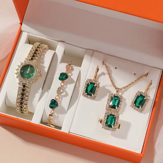 Green Women's Steel Belt Quartz Watch Ring Gift Set Boxed Five-piece Set