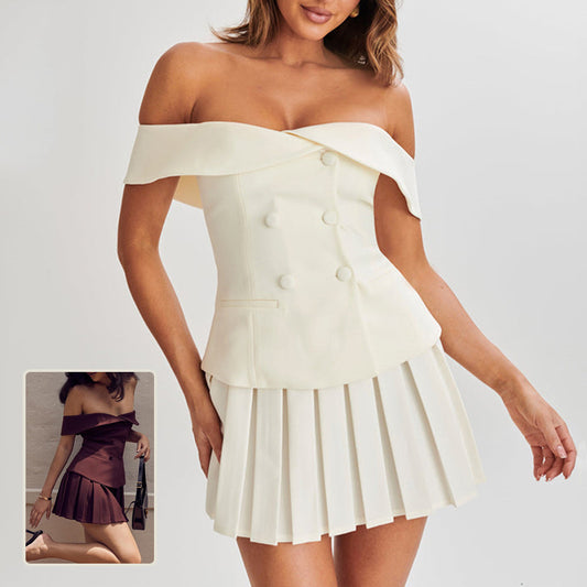 Elegant Suit Off-shoulder Top And Pleated Skirt