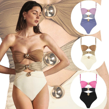 One-piece Swimsuit Round Buckle Hollow Out Stitching Swimsuit