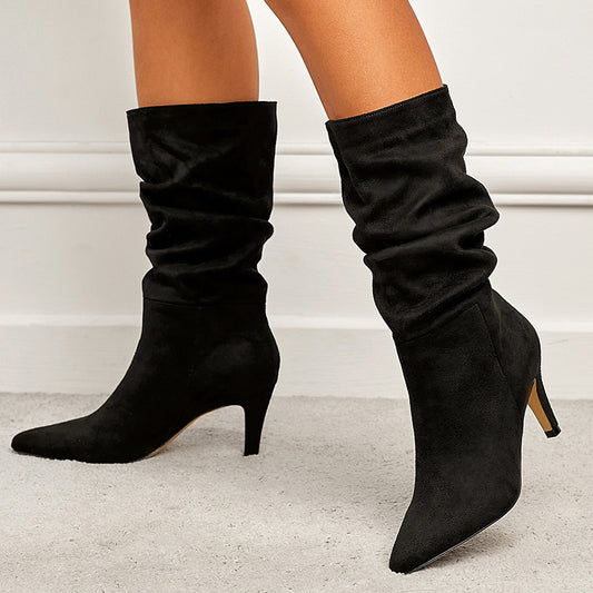 Women's Wrinkled Suede Stiletto Heel Boots