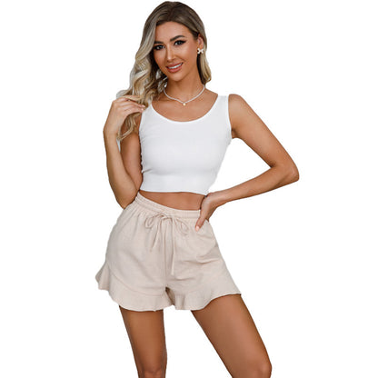Cotton Linen Shorts Ruffled Elastic Waist Drawstring Casual Pants
