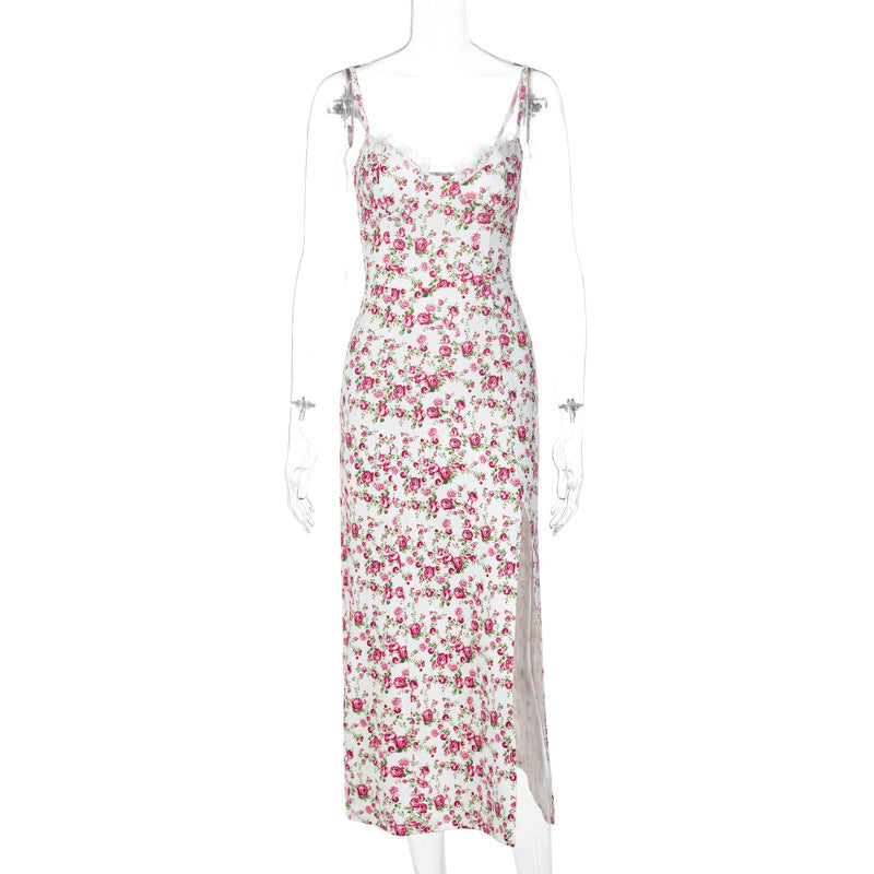 Lace Flowers Print Long Dress Slit Suspender Summer Womens Clothing