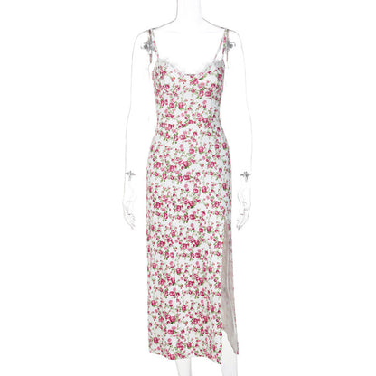 Lace Flowers Print Long Dress Slit Suspender Summer Womens Clothing