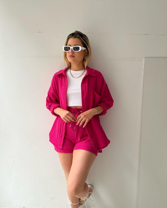 Long-sleeved Shirt High-waisted Drawstring Shorts Casual Two-piece Set