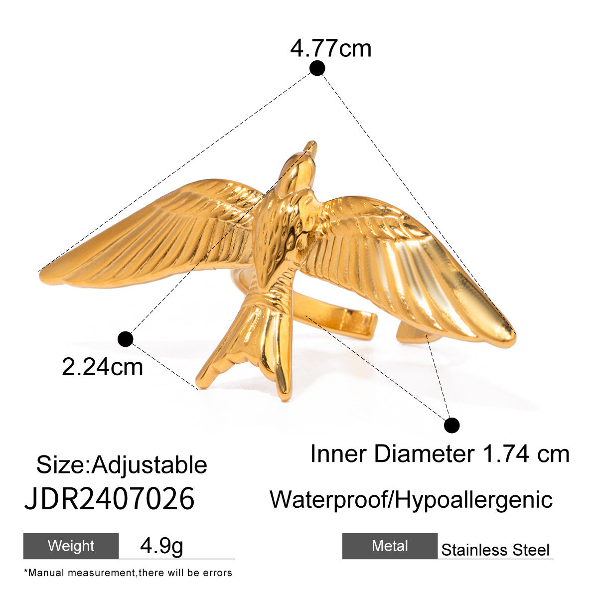 Vintage Stainless Steel Flying Bird Wings Open Ring