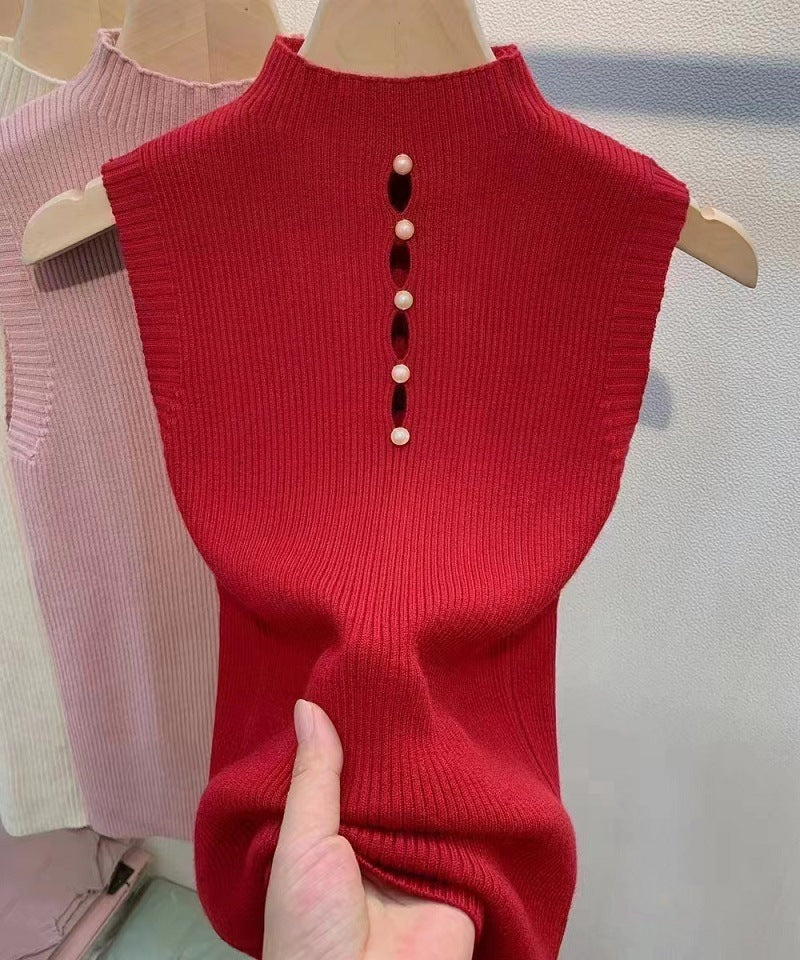 High-necked Decorative Button Sleeveless Knitwear Suit Base Vest Sweater Women