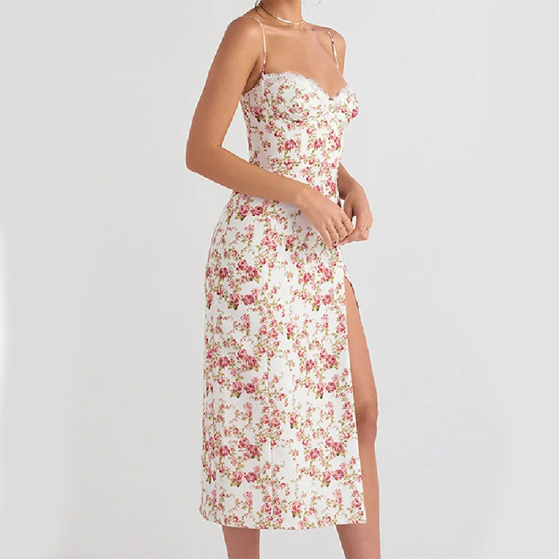 Lace Flowers Print Long Dress Slit Suspender Summer Womens Clothing