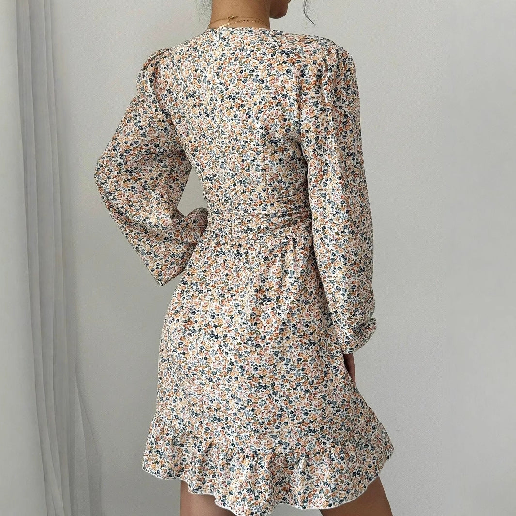 Printed V-neck Long-sleeve Dress