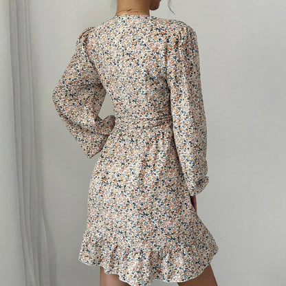 Printed V-neck Long-sleeve Dress