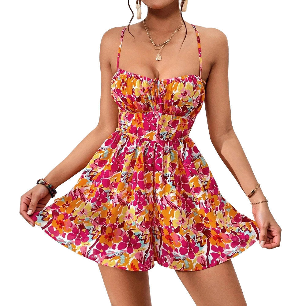 Women's Floral Print Dress Summer Lace-up Back Seaside Short Dress