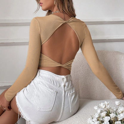 Women's Backless Casual Short Slim Knit Long Sleeve T-shirt Top
