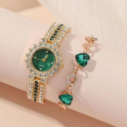 Green Women's Steel Belt Quartz Watch Ring Gift Set Boxed Five-piece Set