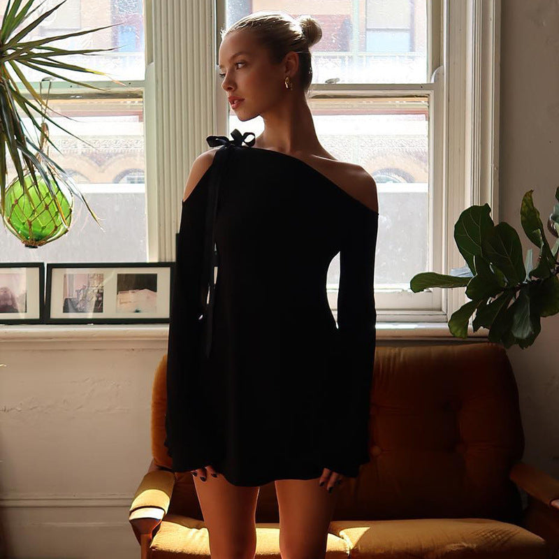 Slant Neck Off-the-shoulder Long Sleeve Short Dress