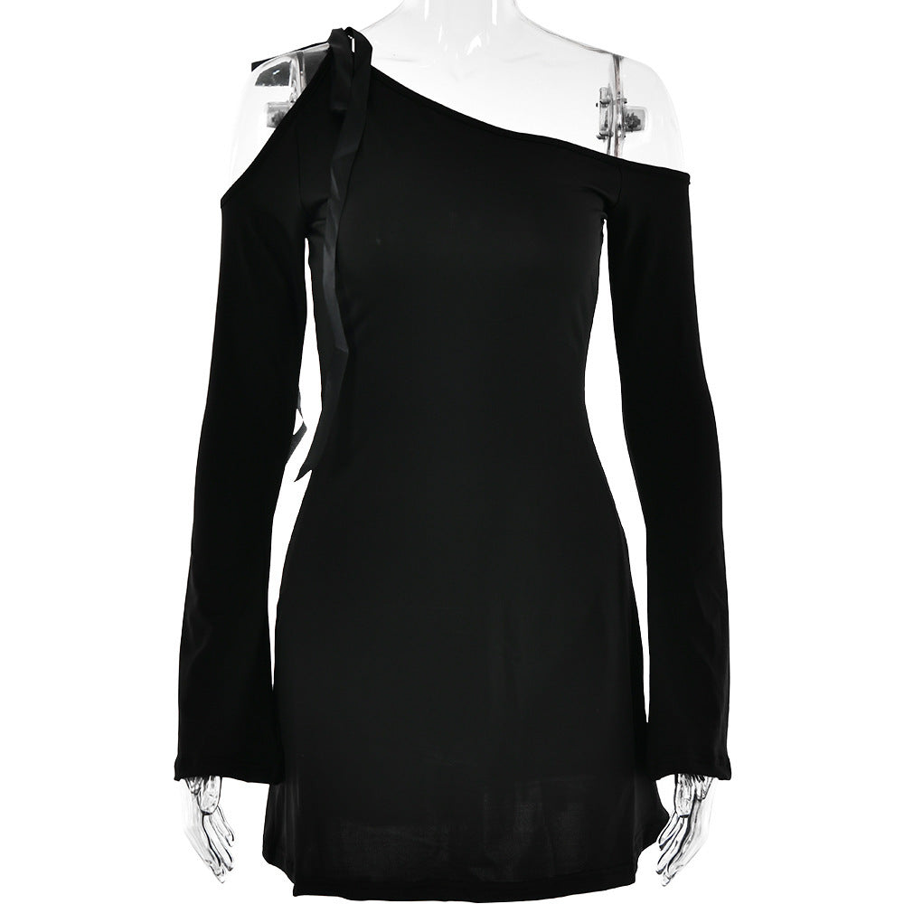 Slant Neck Off-the-shoulder Long Sleeve Short Dress