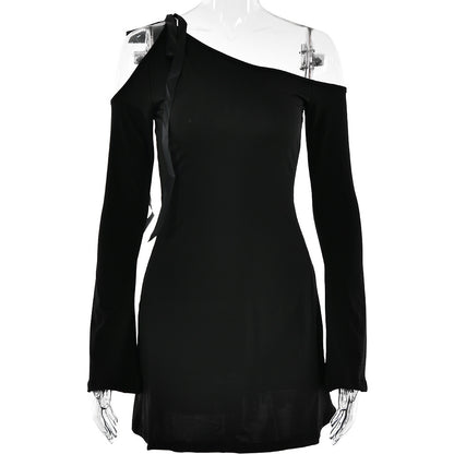 Slant Neck Off-the-shoulder Long Sleeve Short Dress