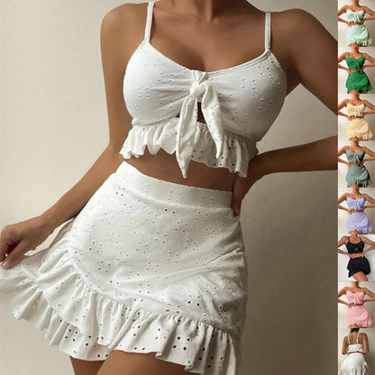 3pcs Beach Bikini With Hip-hugging Skirt Ruffle Design Swimsuit Set Summer Womens Clothing