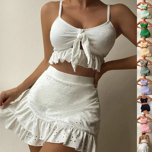 3pcs Beach Bikini With Hip-hugging Skirt Ruffle Design Swimsuit Set Summer Womens Clothing