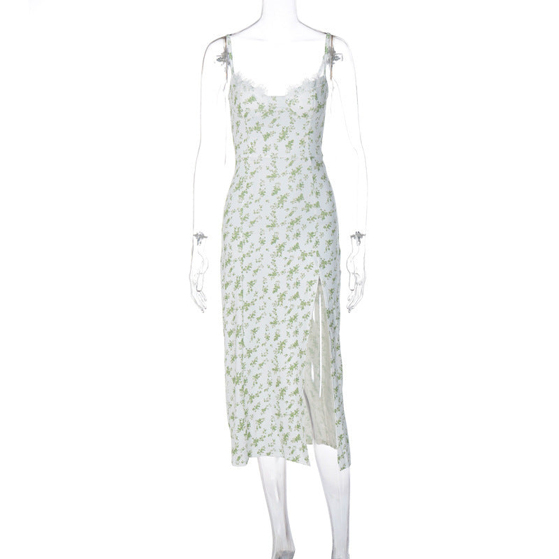 Lace Flowers Print Long Dress Slit Suspender Summer Womens Clothing