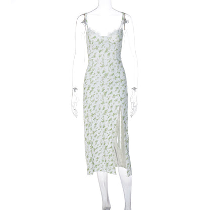 Lace Flowers Print Long Dress Slit Suspender Summer Womens Clothing