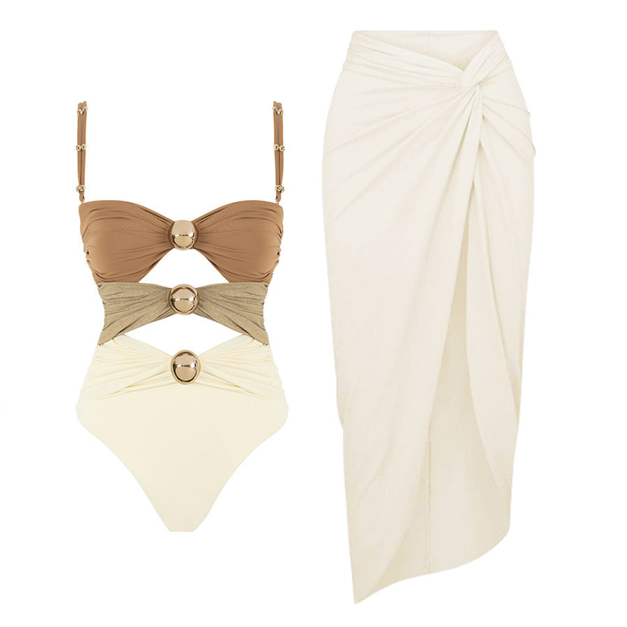 One-piece Swimsuit Round Buckle Hollow Out Stitching Swimsuit