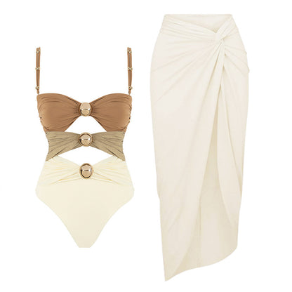 One-piece Swimsuit Round Buckle Hollow Out Stitching Swimsuit