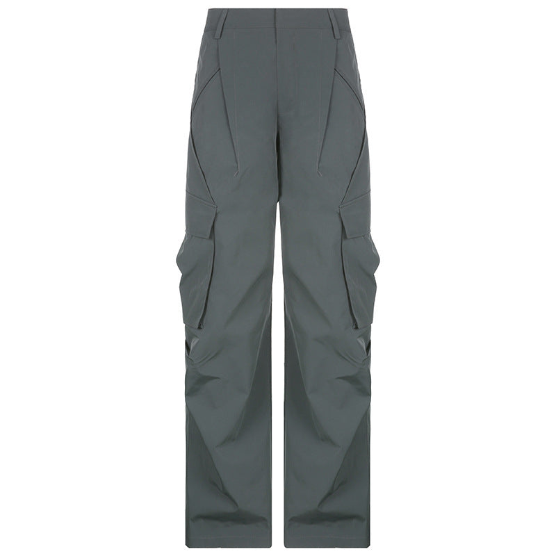 Crumpled Design Irregular Pockets Loose Mid Waist Wide Leg Casual Trousers