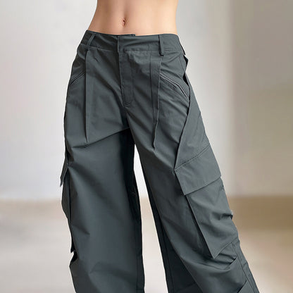 Crumpled Design Irregular Pockets Loose Mid Waist Wide Leg Casual Trousers