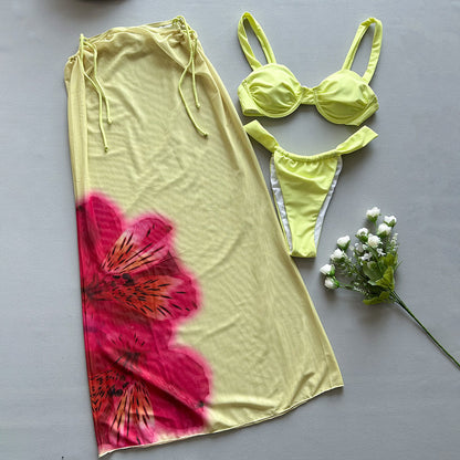 Three-piece Bikini Floral Printed Split Women's Swimsuit Suit