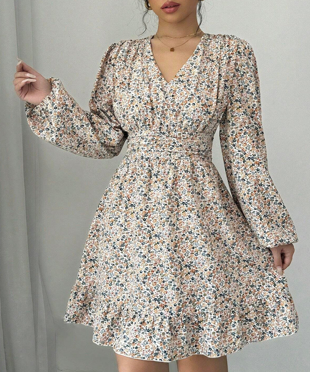 Printed V-neck Long-sleeve Dress