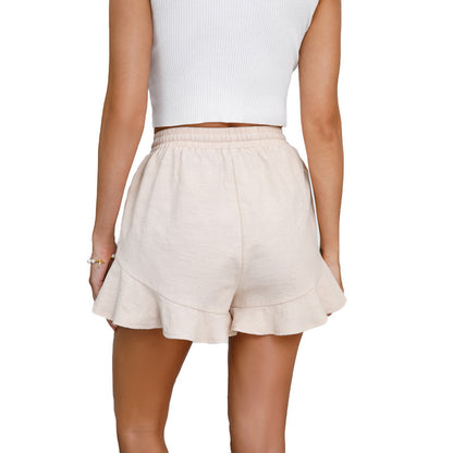Cotton Linen Shorts Ruffled Elastic Waist Drawstring Casual Pants
