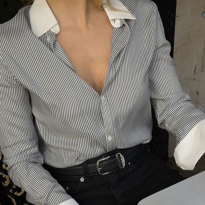 Women's Striped Lapel Shirt Blouse