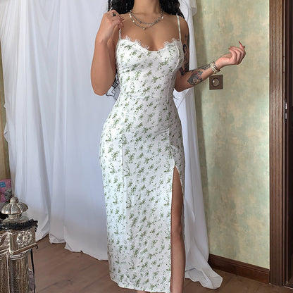 Lace Flowers Print Long Dress Slit Suspender Summer Womens Clothing